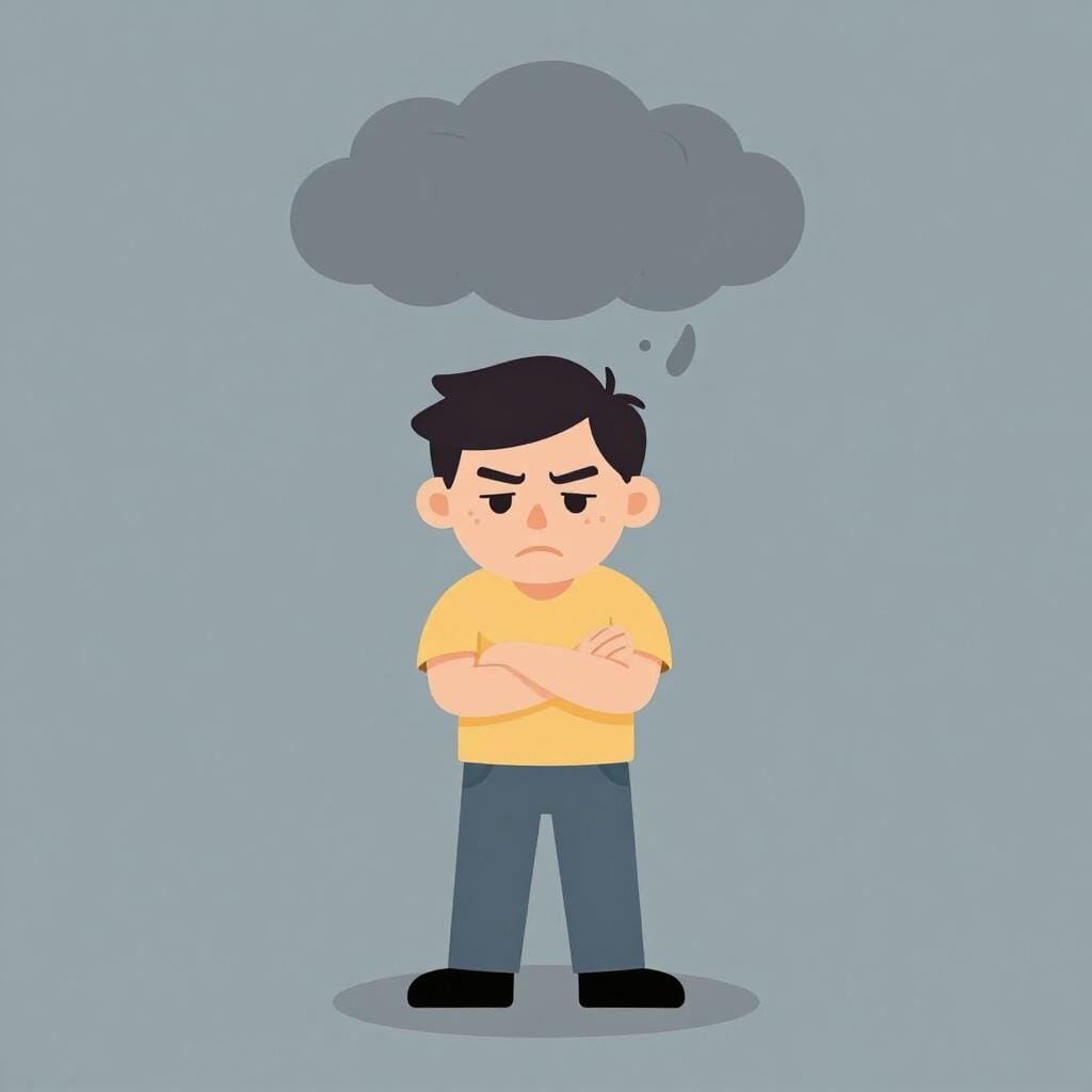 A person with a furrowed brow and a frowning mouth, looking down and muttering.