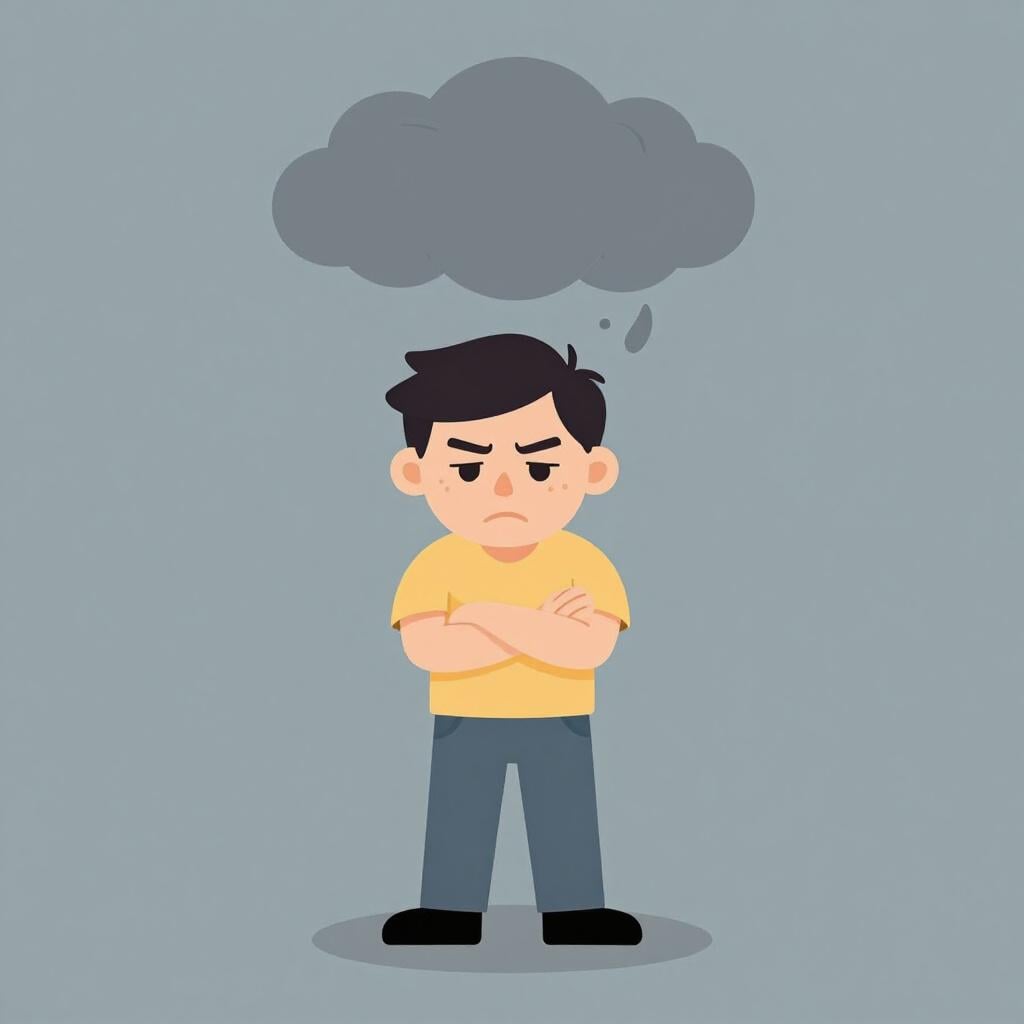 A person with a furrowed brow and a frowning mouth, looking down and muttering.