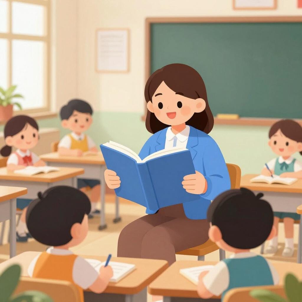 다채로운 깔개를 깔고 앉아 있는 어린이 그룹 앞에 서서 큰 그림책을 보여주는 선생님.