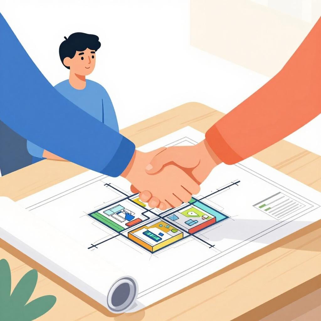 Two people shaking hands over a large blueprint on a table.