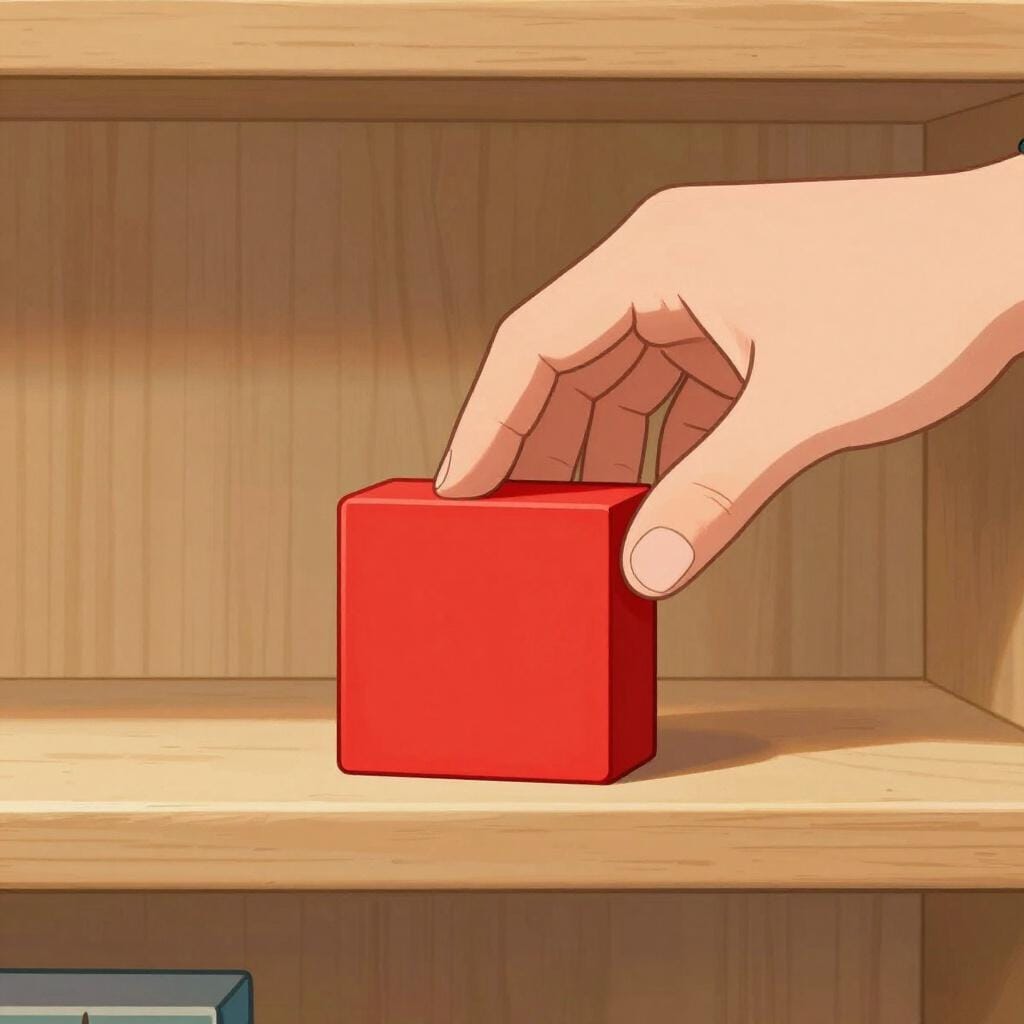 Un'illustrazione semplificata che mostra la mano di una persona che posiziona con cura un piccolo blocco giocattolo rosso su uno scaffale di legno.