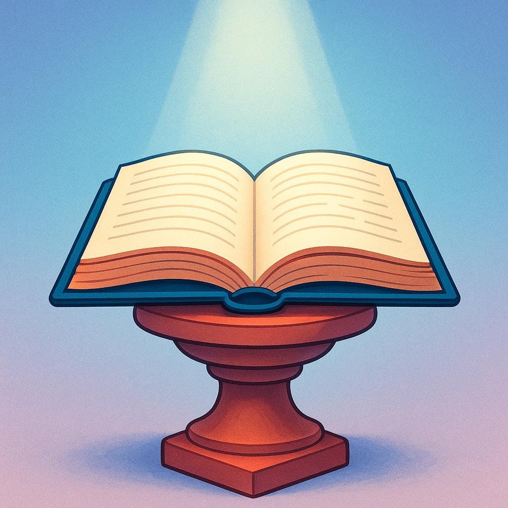 A large, sturdy, open book resting on a wooden stand, symbolizing a definitive source of knowledge or a standard reference point.
