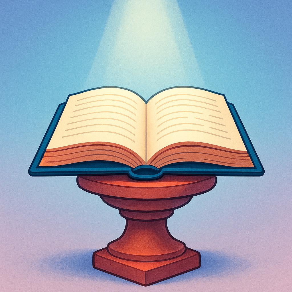 A large, sturdy, open book resting on a wooden stand, symbolizing a definitive source of knowledge or a standard reference point.