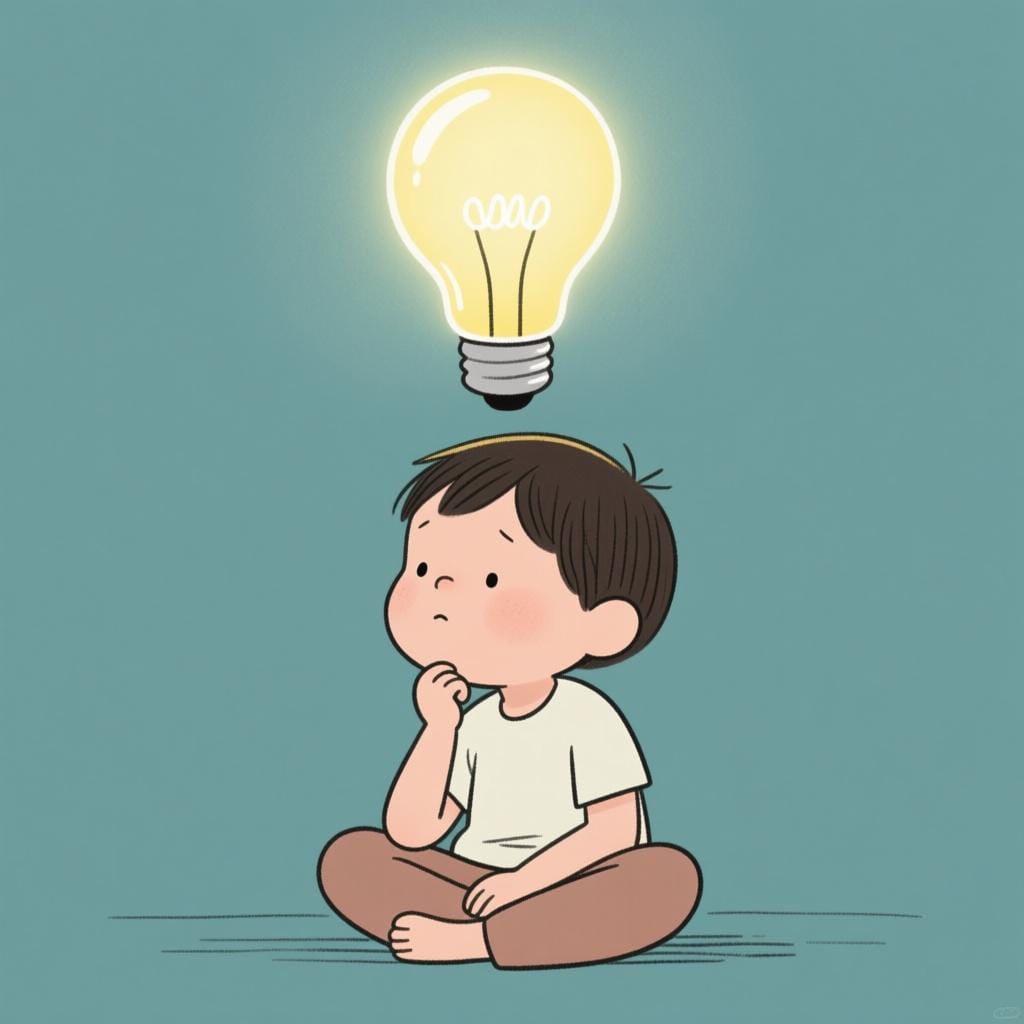 A simple drawing of a person sitting quietly with a glowing lightbulb floating above their head, symbolizing active thought.