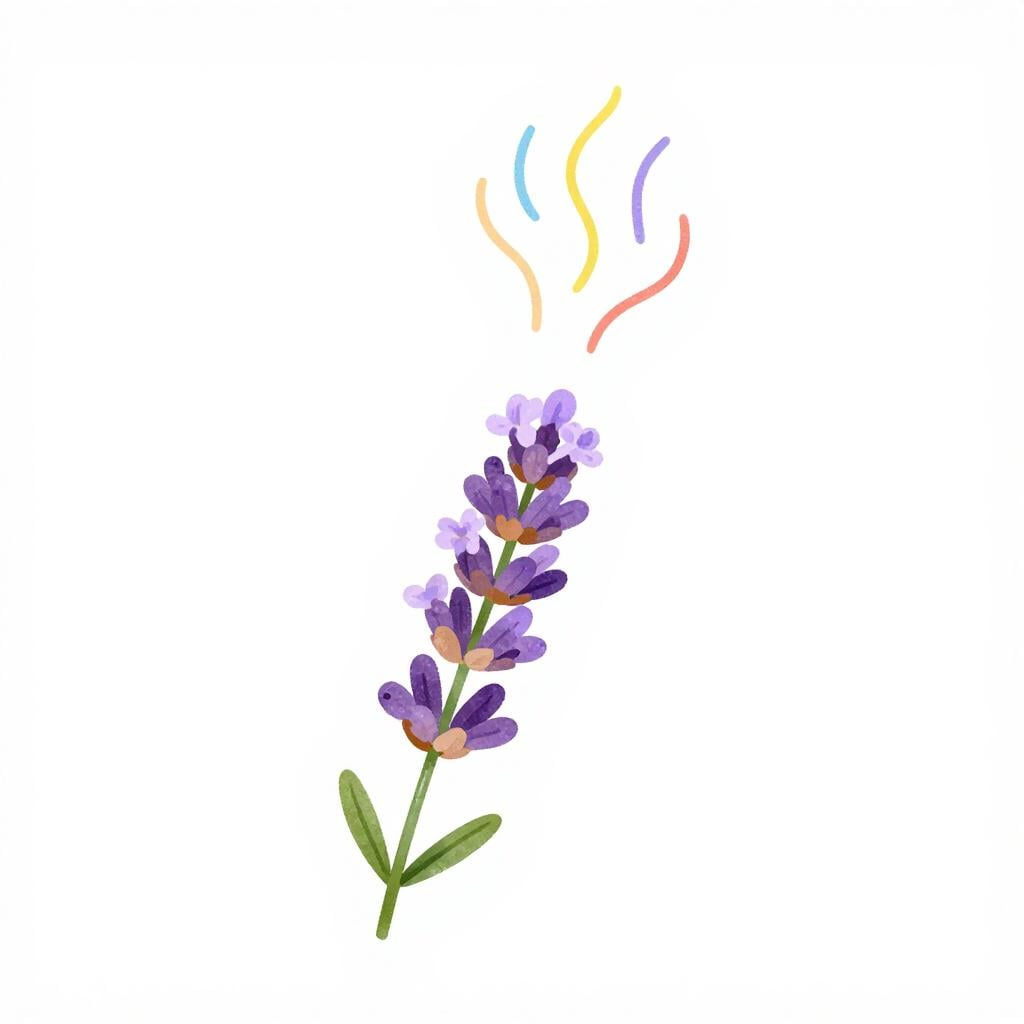 A blooming purple flower with small wavy lines rising from it to represent a sweet scent being released.