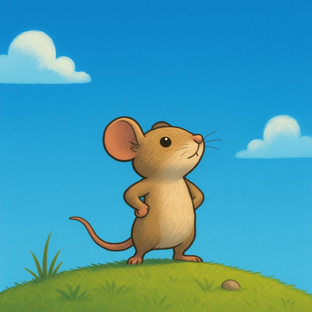 A tiny, determined mouse standing confidently on the peak of a small green hill, symbolizing great courage or 'guts.'
