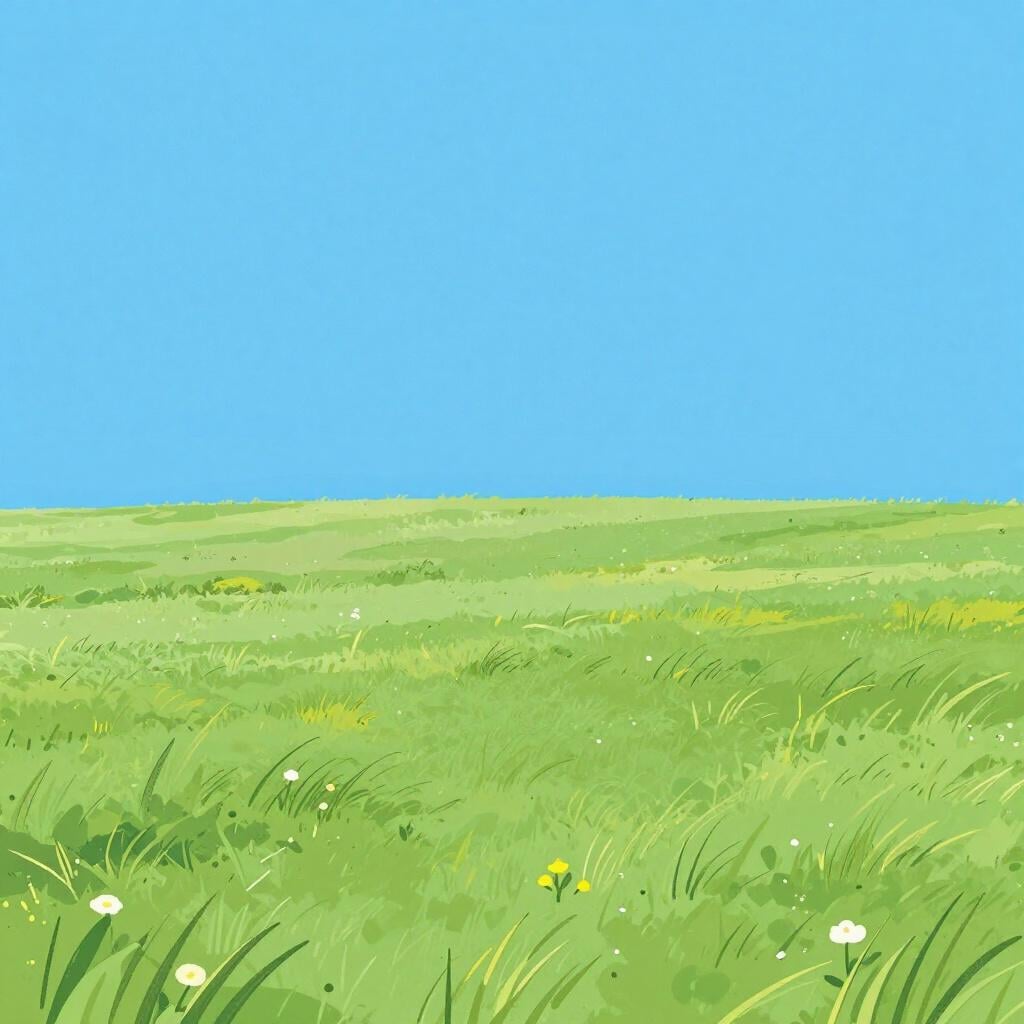 A wide, open grassy field stretching out towards a distant horizon under a blue sky.