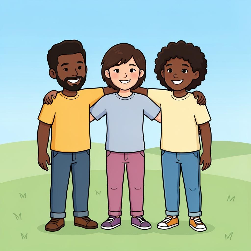 A group of diverse friends standing together with their arms around each other's shoulders, smiling warmly.