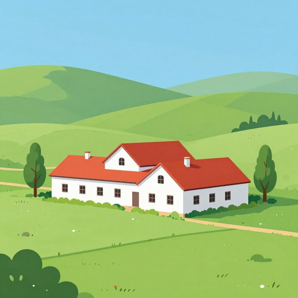 A large white farmhouse with a red tile roof situated on a sprawling green field with trees in the background.
