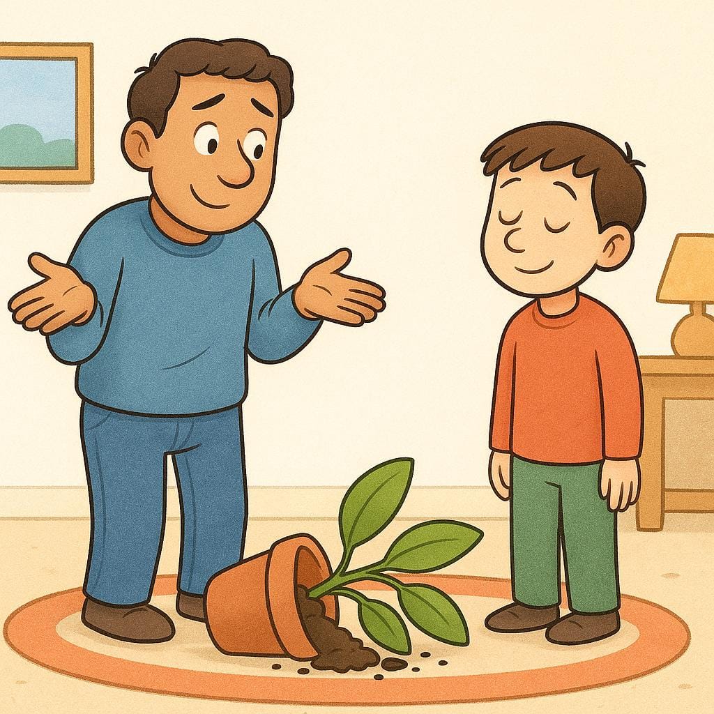 A character standing next to a tipped-over plant, raising their hands slightly in a gesture of admission or acknowledgment towards another calm character.