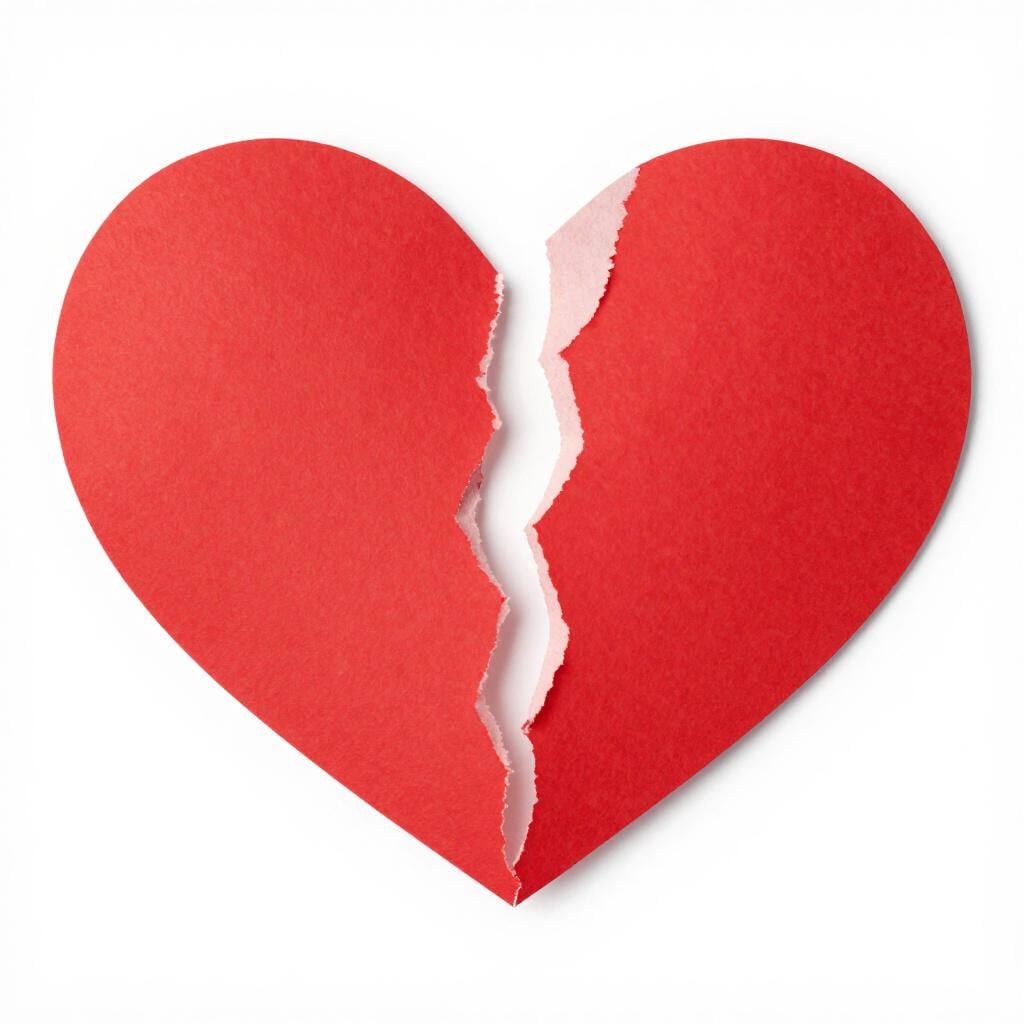 A large red paper heart torn down the middle into two separate pieces.