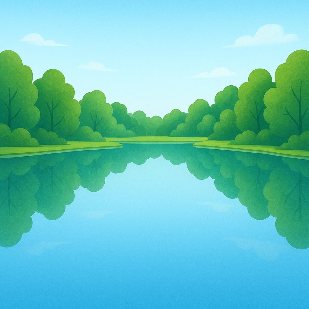 A perfectly smooth, blue lake reflecting the clear sky and surrounding green trees, creating a calm and peaceful scene.