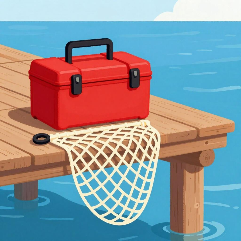A collection of fishing gear including a net and a tackle box on a wooden pier.