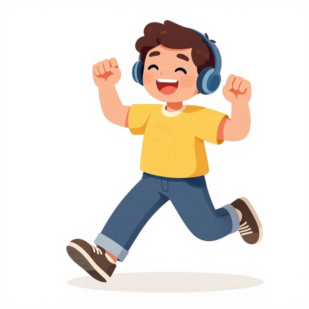 A man with a joyful expression moving happily to music in a simple room.