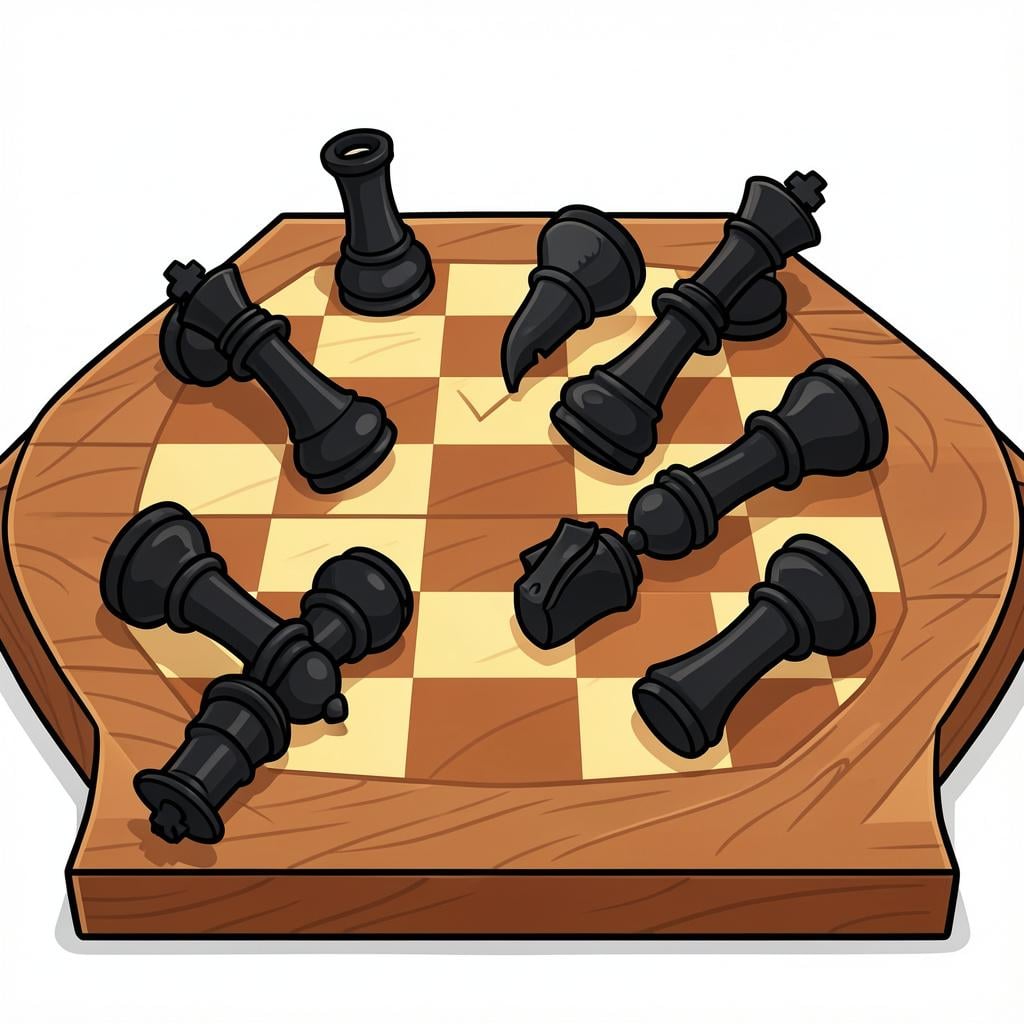 A row of fallen chess pieces on a board, symbolizing a great loss.