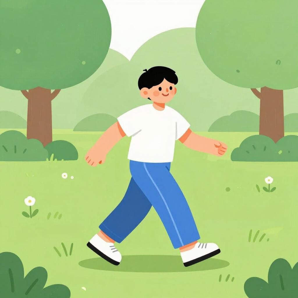 A person walking briskly through a green park, showing ease of movement.