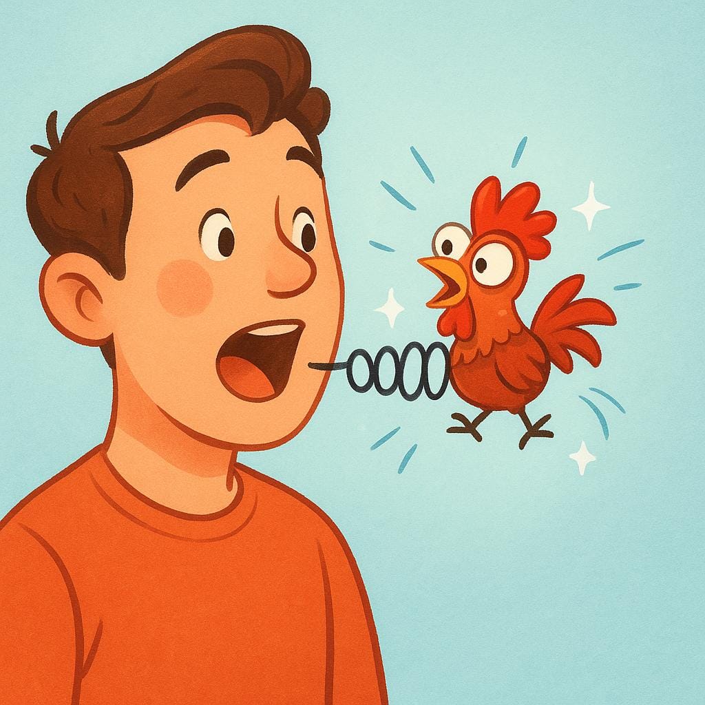 Uma ilustração de uma pessoa falando, onde um pequeno galo surpreso e agudo salta comicamente de sua boca aberta, simbolizando uma quebra de voz.