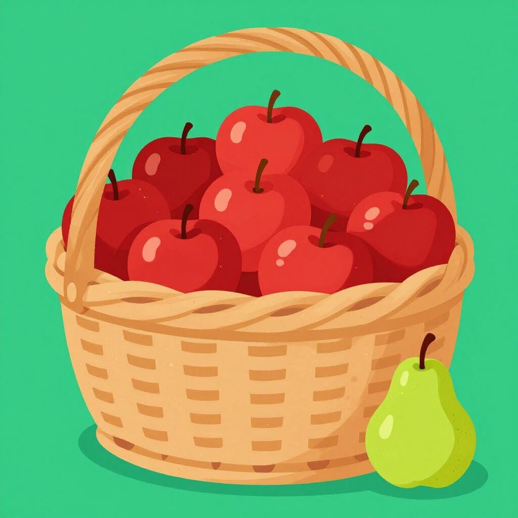Een mand die voornamelijk gevuld is met rode appels, met slechts één groene appel helemaal onderaan.