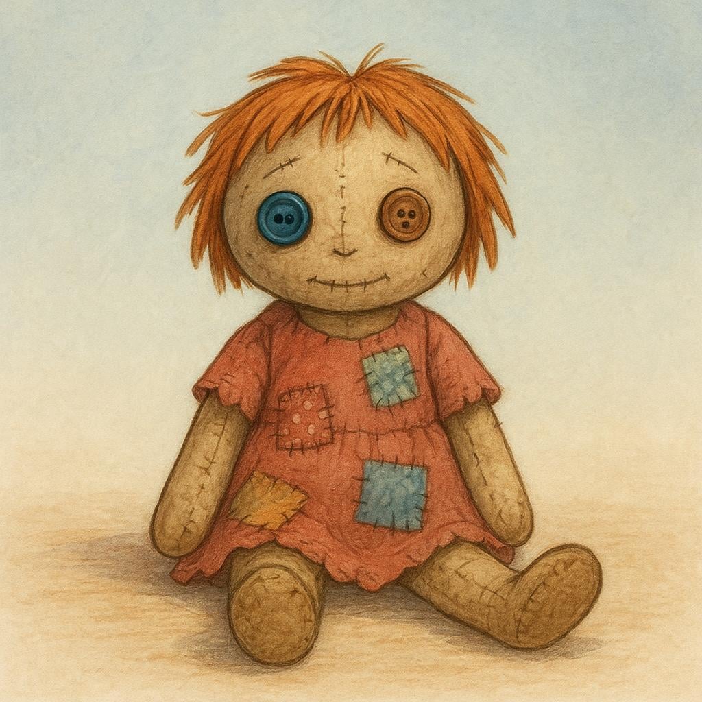 An old, handmade doll with mismatched button eyes, ragged clothes, and visible patches, sitting alone on a wooden surface.