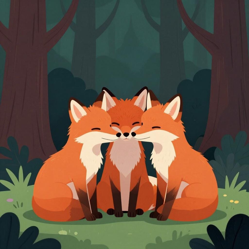 A group of three foxes whispering together in a dark corner with shadows.