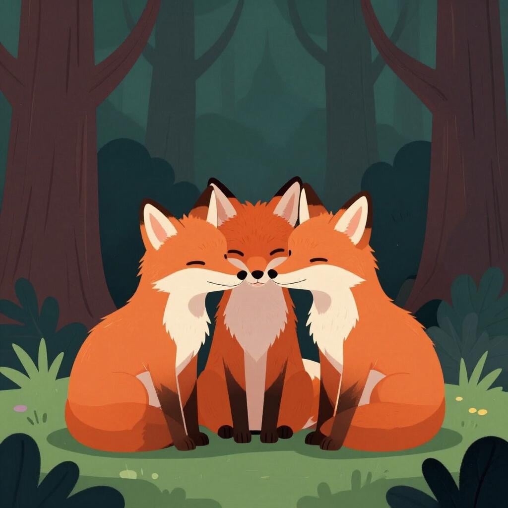 A group of three foxes whispering together in a dark corner with shadows.