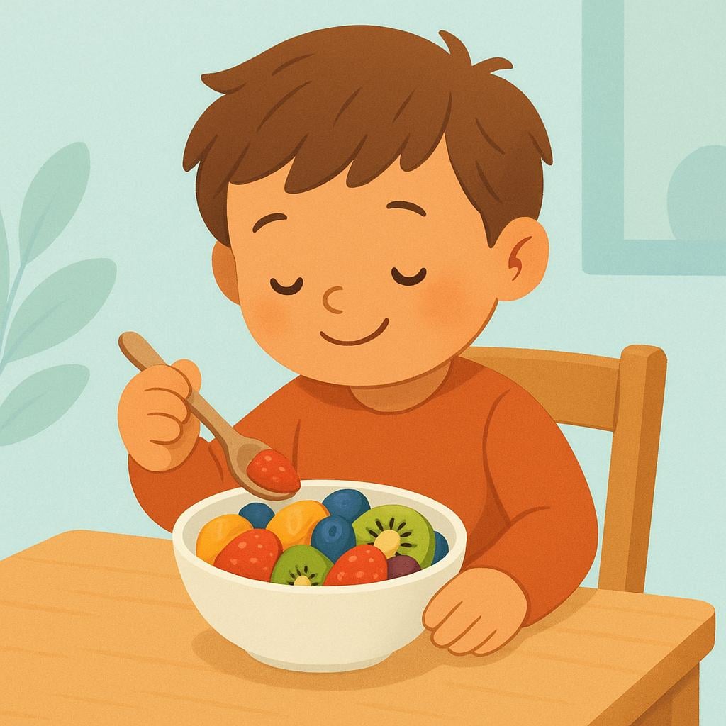 A cheerful child sitting at a table, focused on eating a bowl of colorful fruit with a spoon.