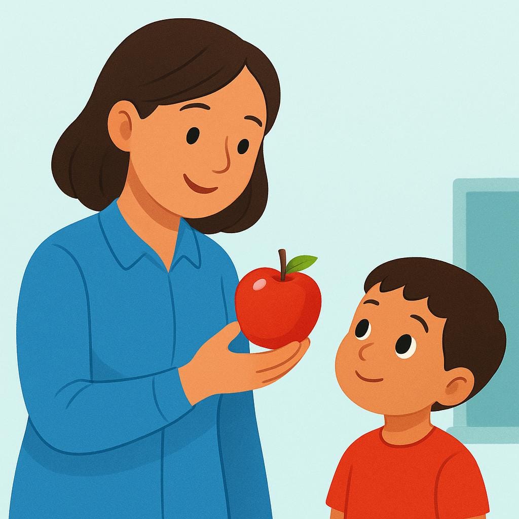 A simple illustration showing a female teacher holding a bright red apple while a young student looks up attentively, representing the act of teaching.