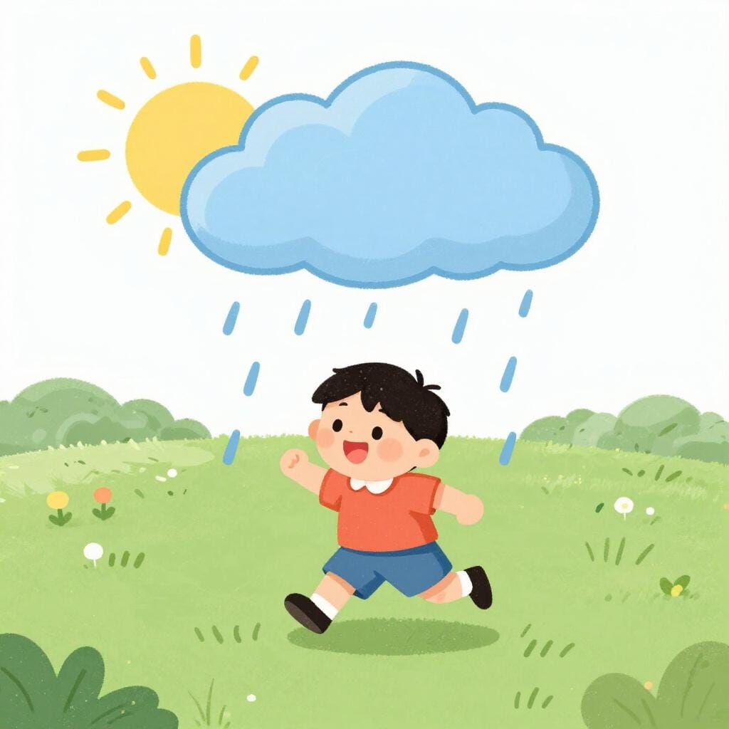 Un bambino che corre fuori mentre piove, mostrando due eventi che accadono contemporaneamente.