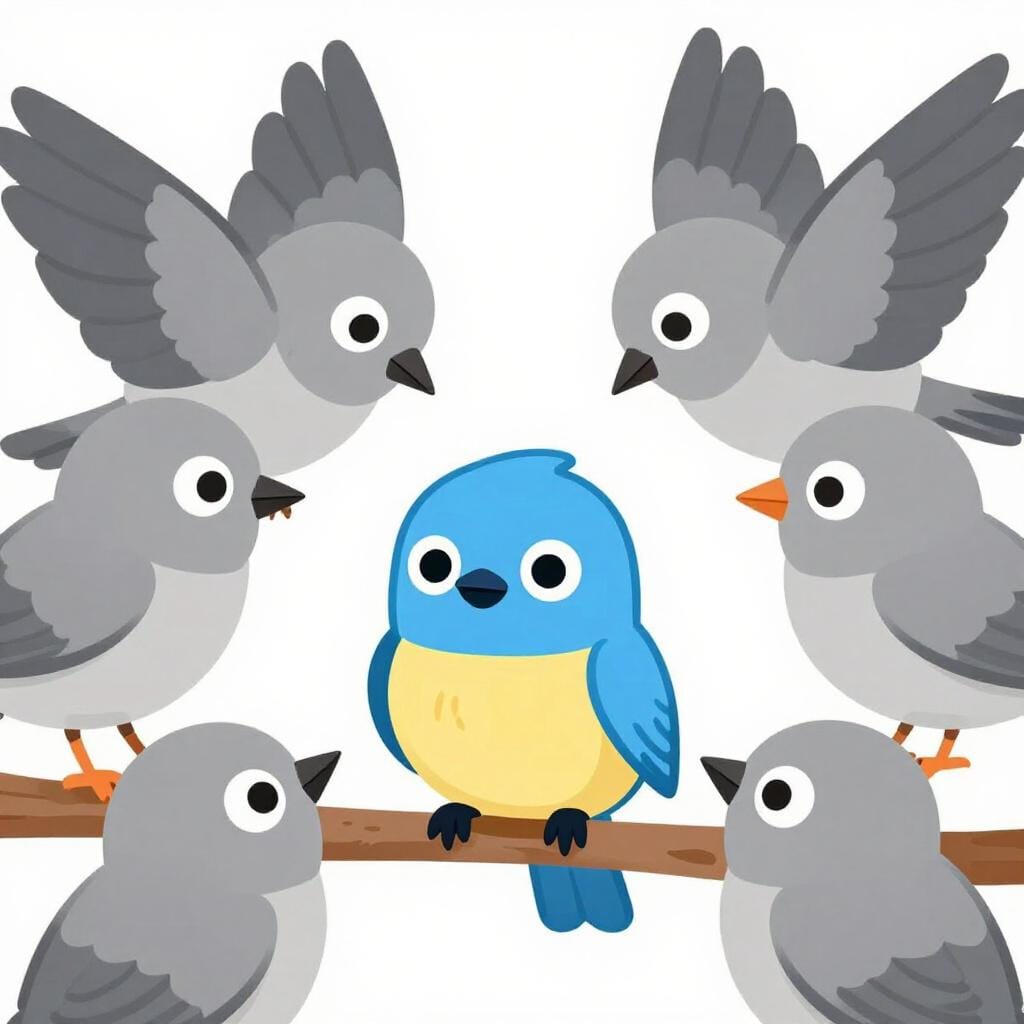 A small bird looking overwhelmed while many larger birds flutter closely around it in a crowded space.