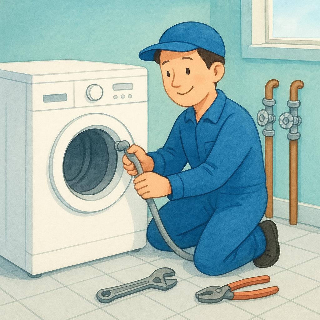 A technician wearing a blue uniform installing a new washing machine in a bright laundry room.