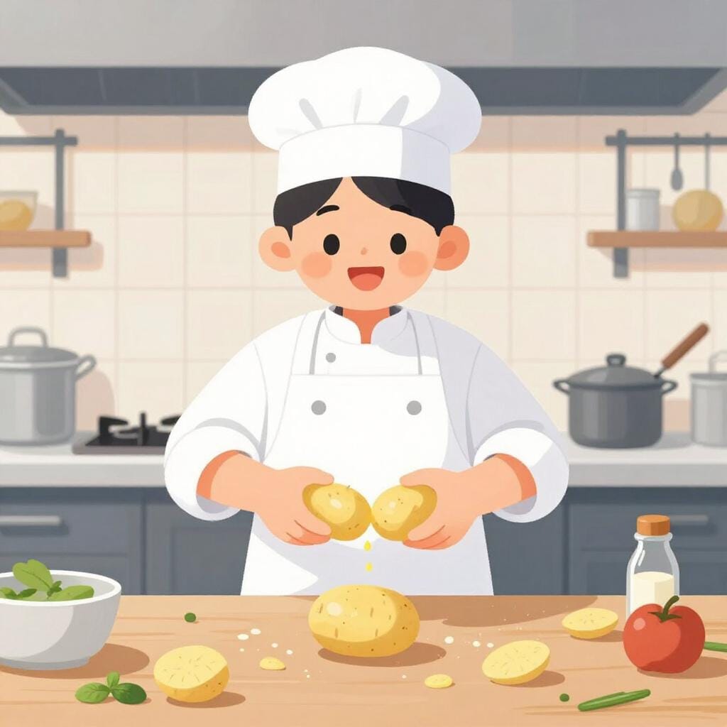 A young kitchen assistant in a chef's hat peeling a large pile of potatoes.
