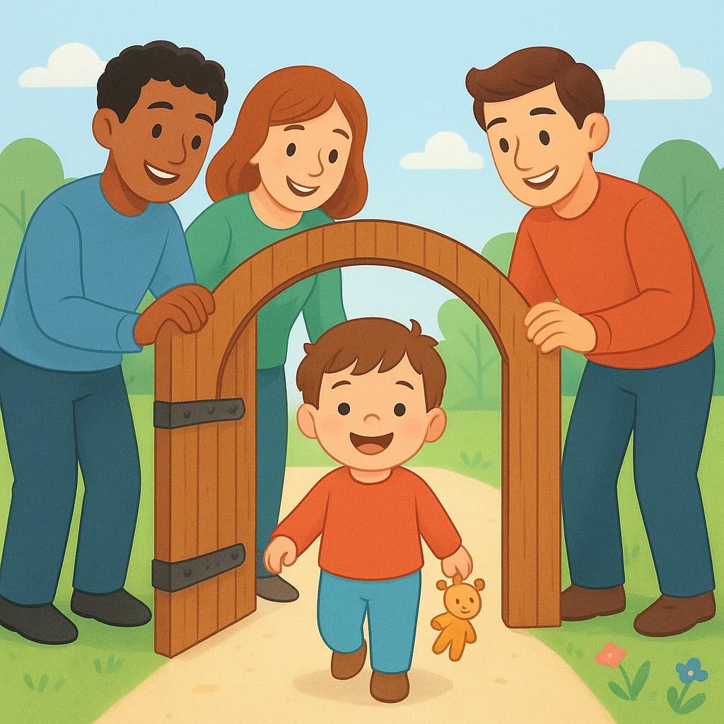 Three cheerful adults stand beside a wooden gate, holding it wide open to allow a small, happy child to walk through.