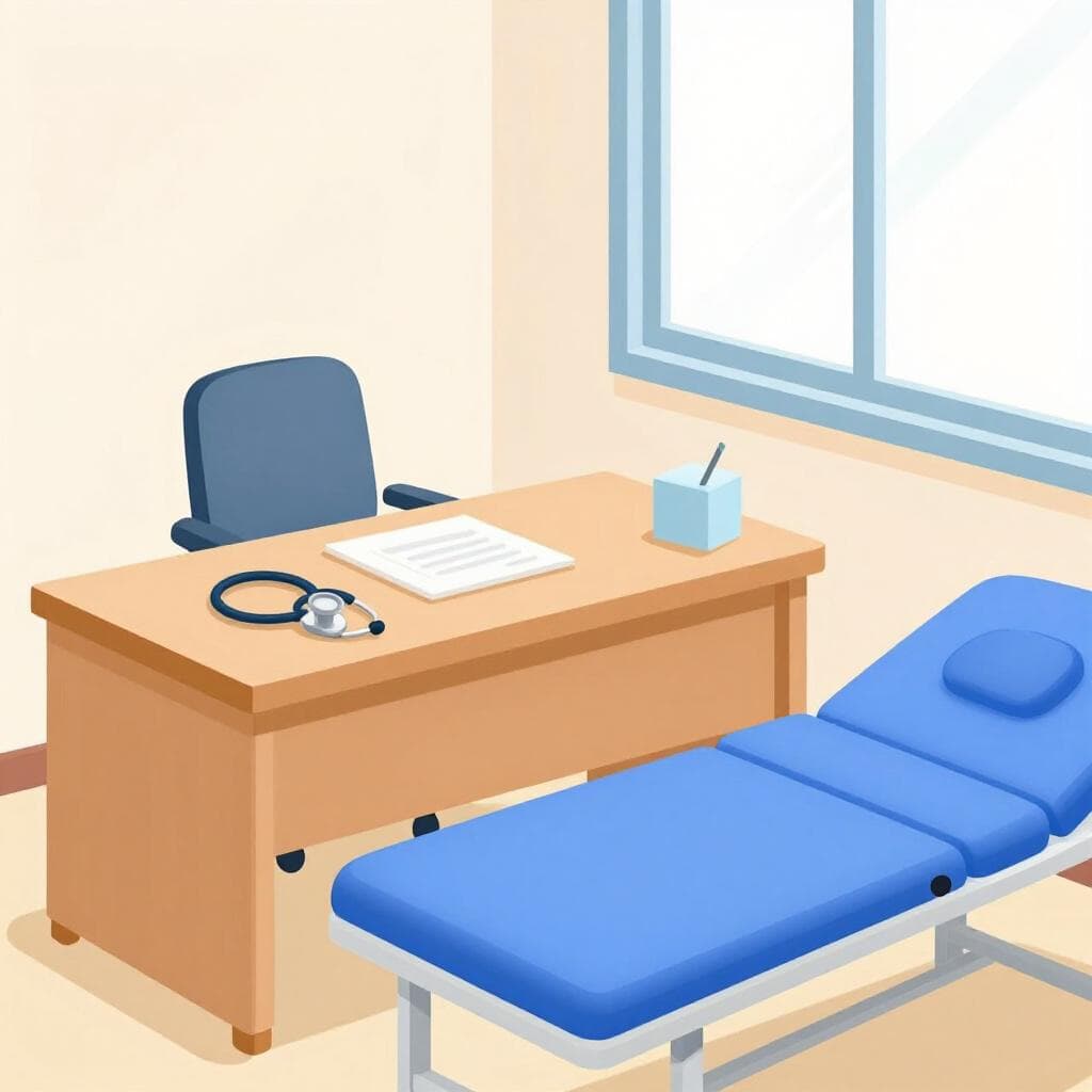 Un cabinet médical lumineux et propre avec un stéthoscope sur un bureau et une table d'examen.