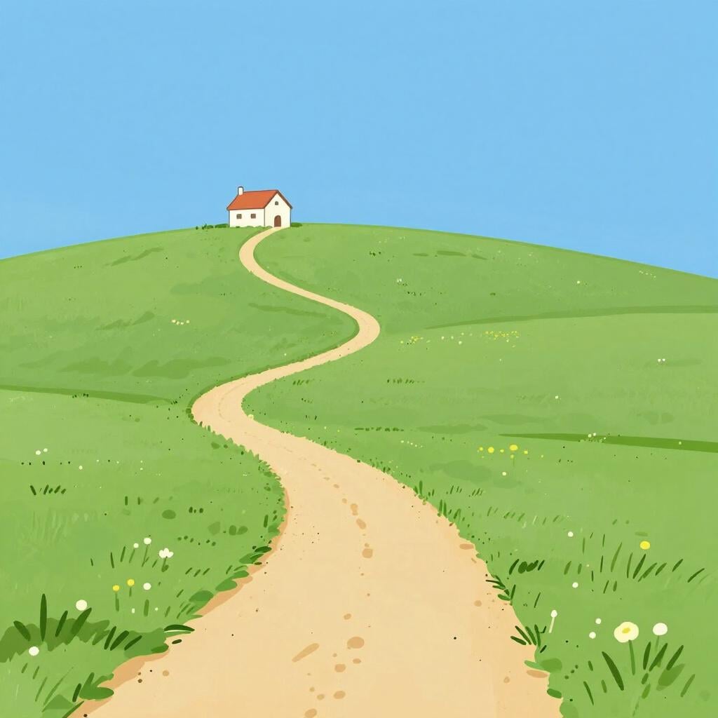 A small house on a distant hill with a long winding path leading to it.