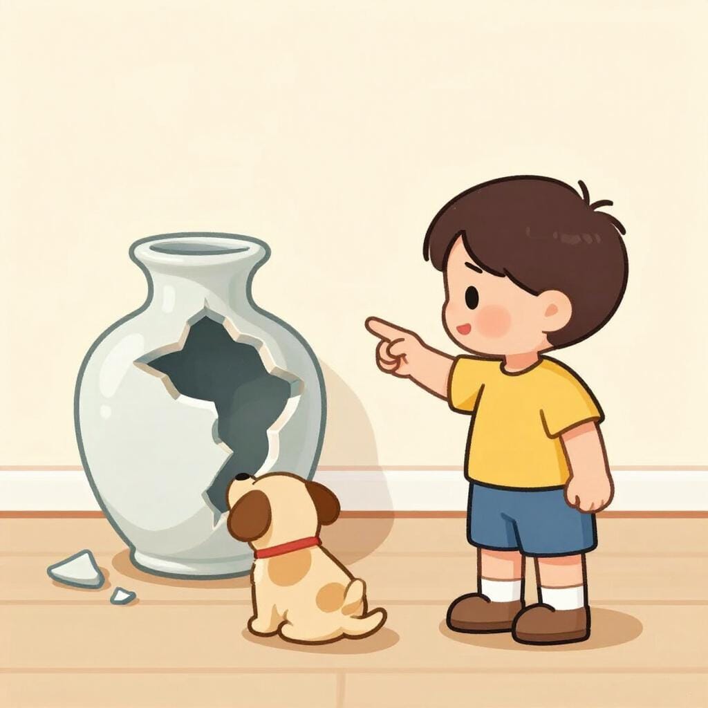 A child showing a broken vase to a parent while pointing at a playful puppy.