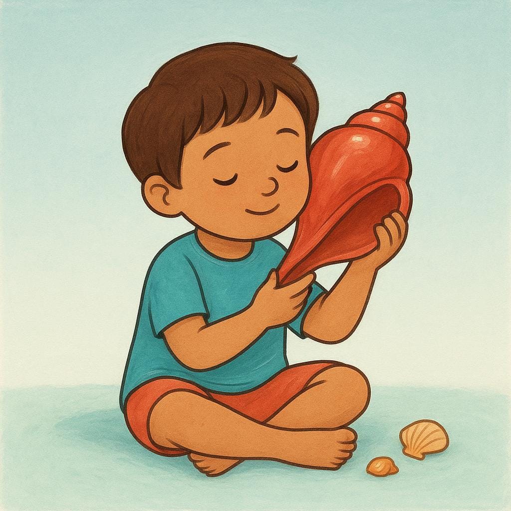 A young child sitting cross-legged, holding a large, bright red seashell up to their ear, concentrating intensely on the sound inside.