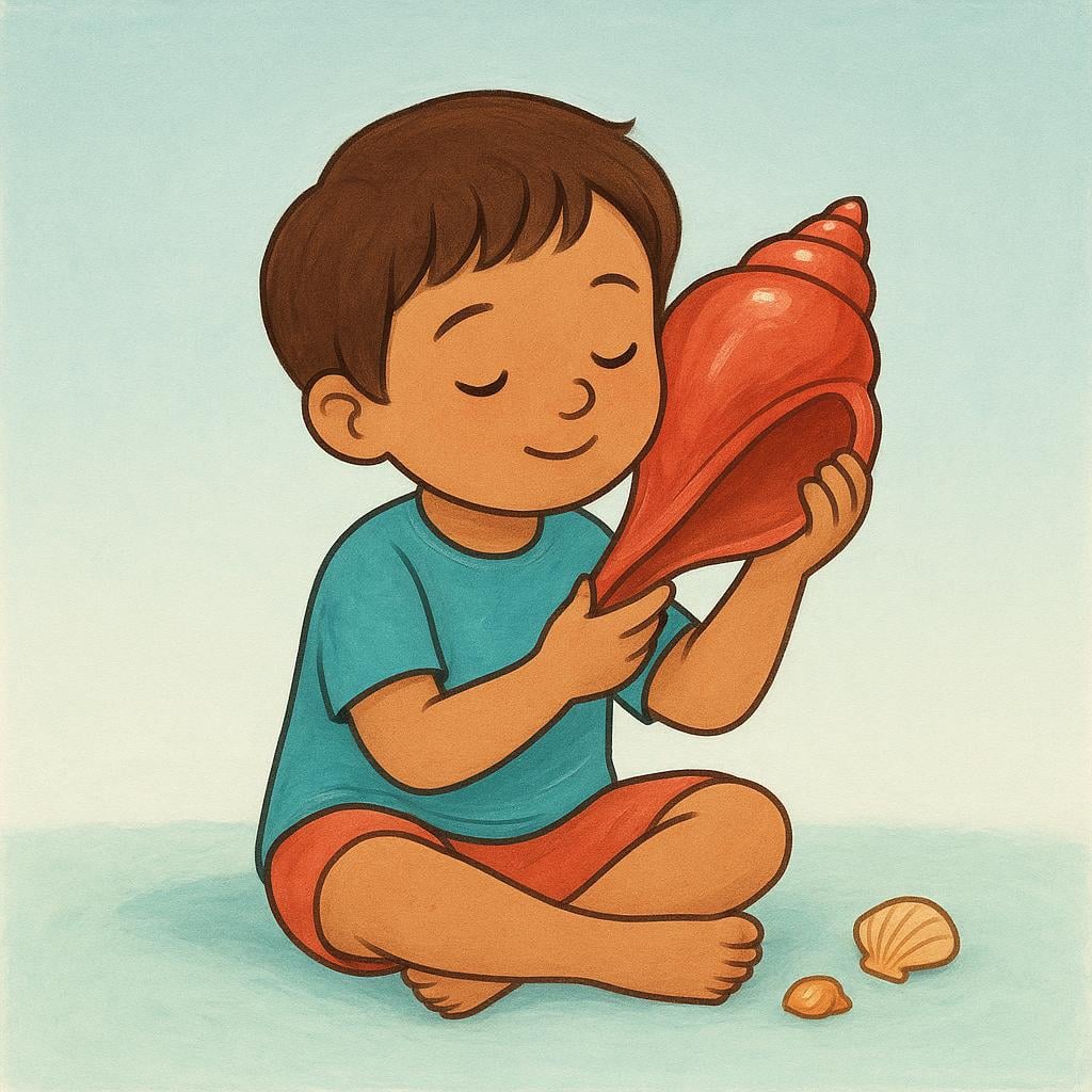 A young child sitting cross-legged, holding a large, bright red seashell up to their ear, concentrating intensely on the sound inside.