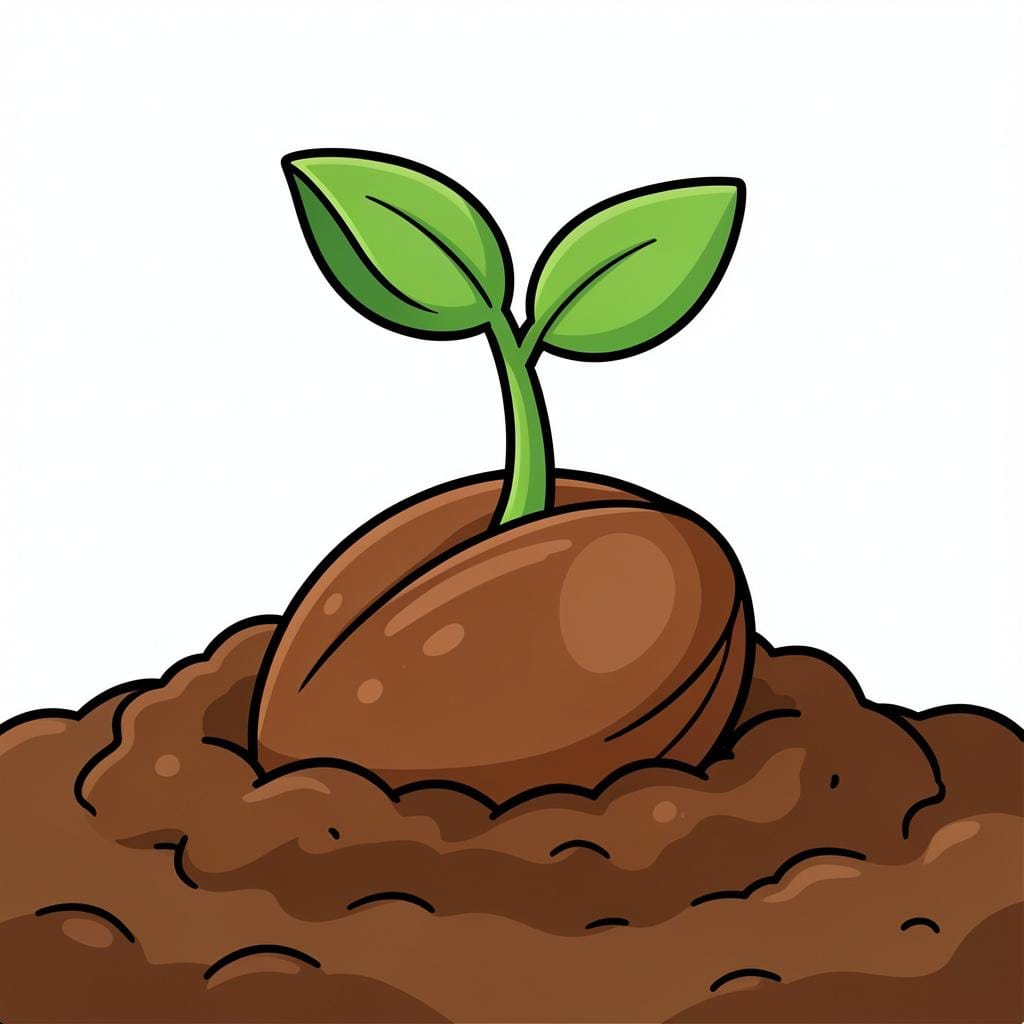 A small green sprout growing out of a brown seed in the soil.
