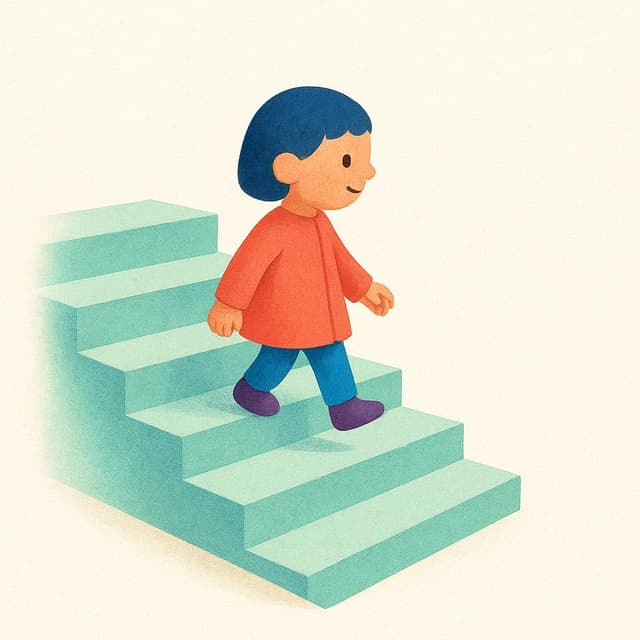 Une petite silhouette marche dans un court escalier.