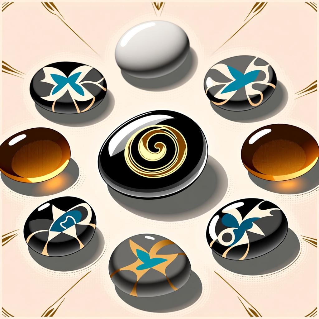 A cluster of plain gray river stones with one stone that is highly polished and decorated with an intricate gold design, symbolizing something unique or one-of-a-kind.