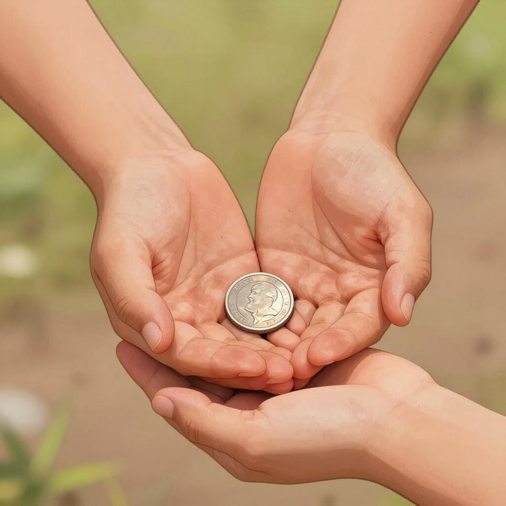 Eine freundliche Person legt eine Silbermünze in die wettergegerbten Hände einer anderen Person.