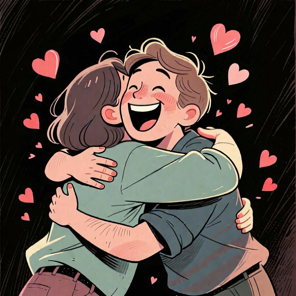 Two people hugging warmly, showing the intensity of an action or feeling, like 'loving a lot'.