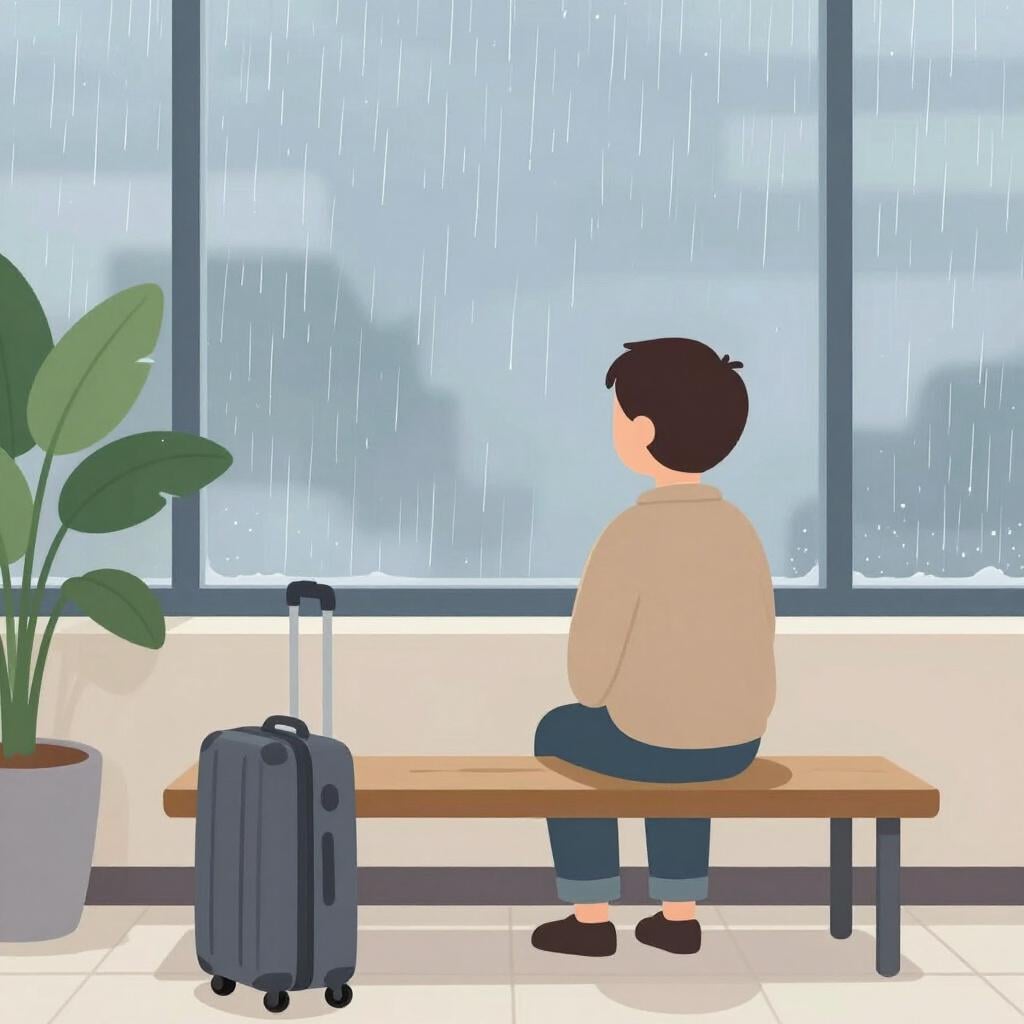A person sitting patiently on a wooden bench next to a suitcase, looking out a window at falling rain.
