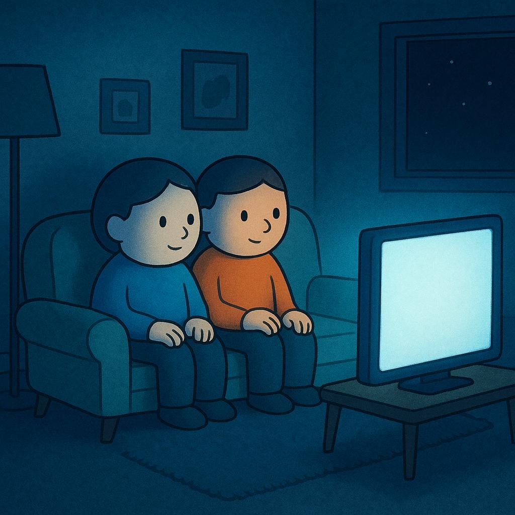 Two simple cartoon figures sitting comfortably on a couch in a darkened room, intensely focused on a large, brightly glowing rectangular screen in front of them, illustrating sustained viewing.
