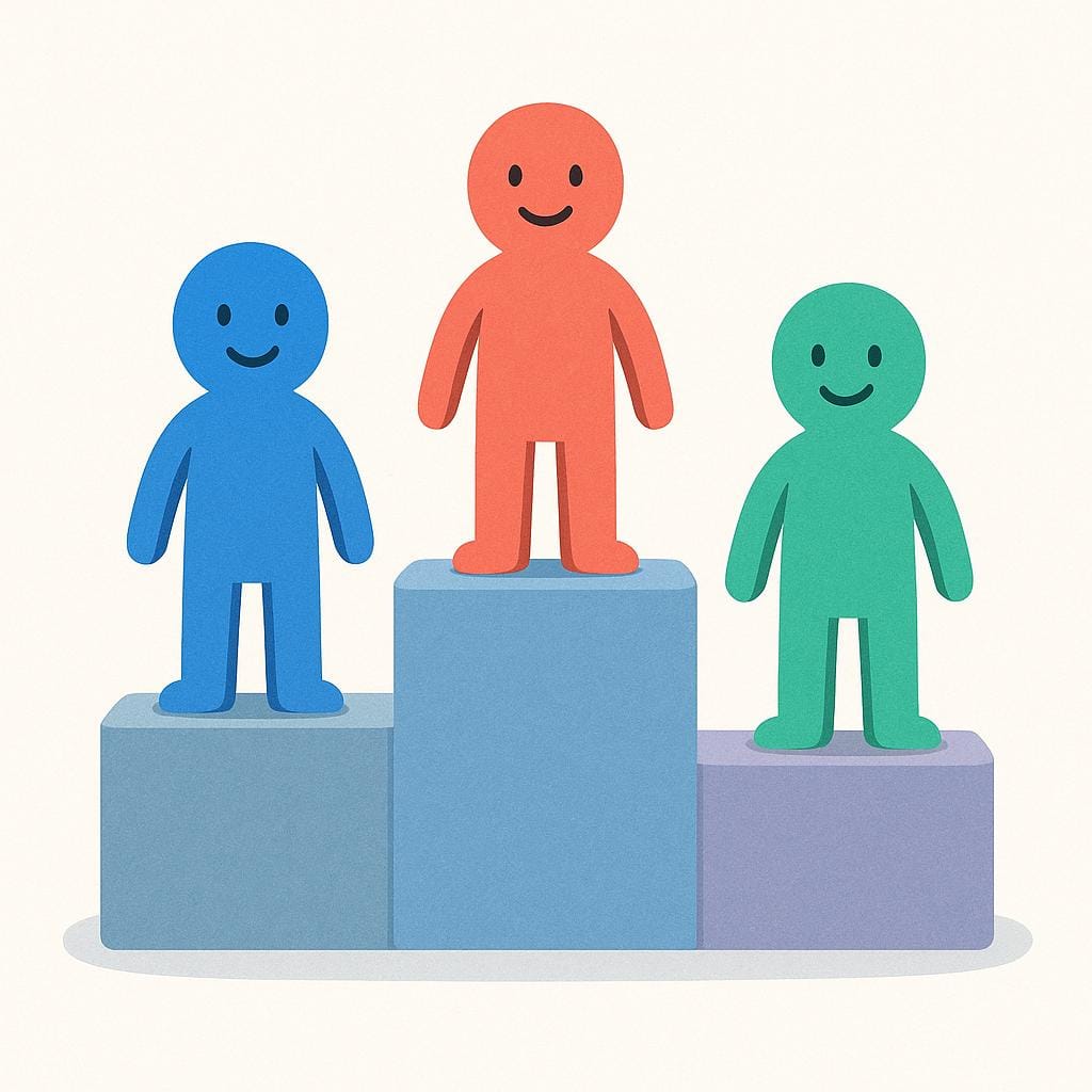 Three simple, stylized figures standing on a three-tiered pedestal, clearly illustrating a hierarchy or ranking system.