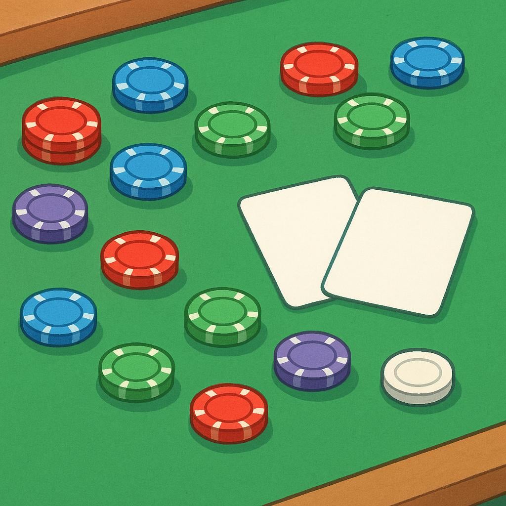 A close-up view of a rectangular green felt poker table covered in colorful stacks of gambling chips and a few playing cards.