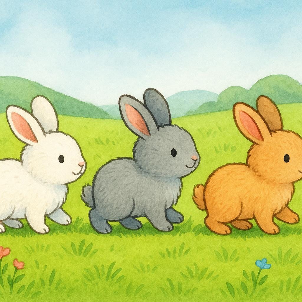 Drei kleine, leuchtend bunte Tiere, wie Kaninchen oder Igel, die in einer Reihe hintereinander auf einem grasbewachsenen Feld laufen, wobei eines die anderen anführt.