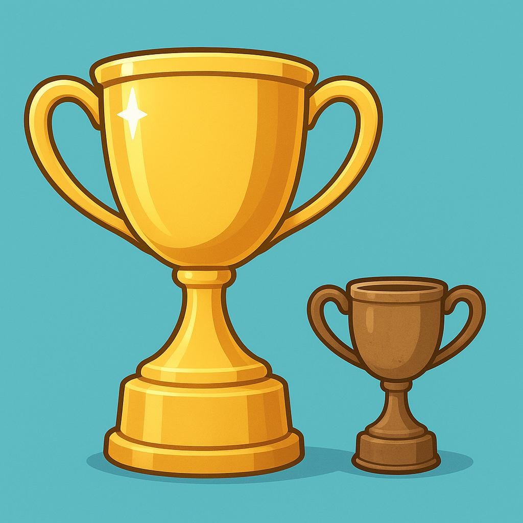 A shiny, large gold trophy standing next to a smaller, dull bronze trophy, illustrating superior quality or rank.