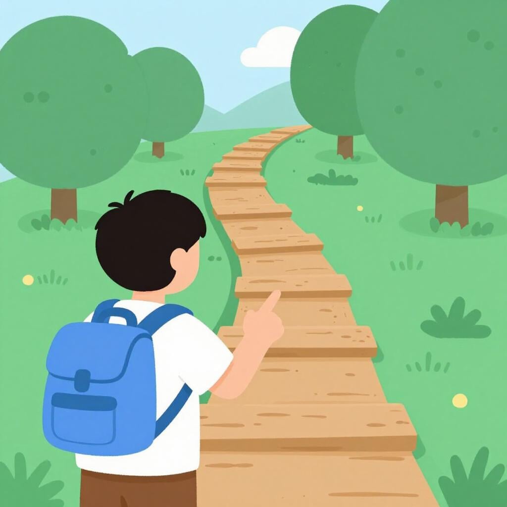 A friendly guide pointing a traveler toward a winding forest path.