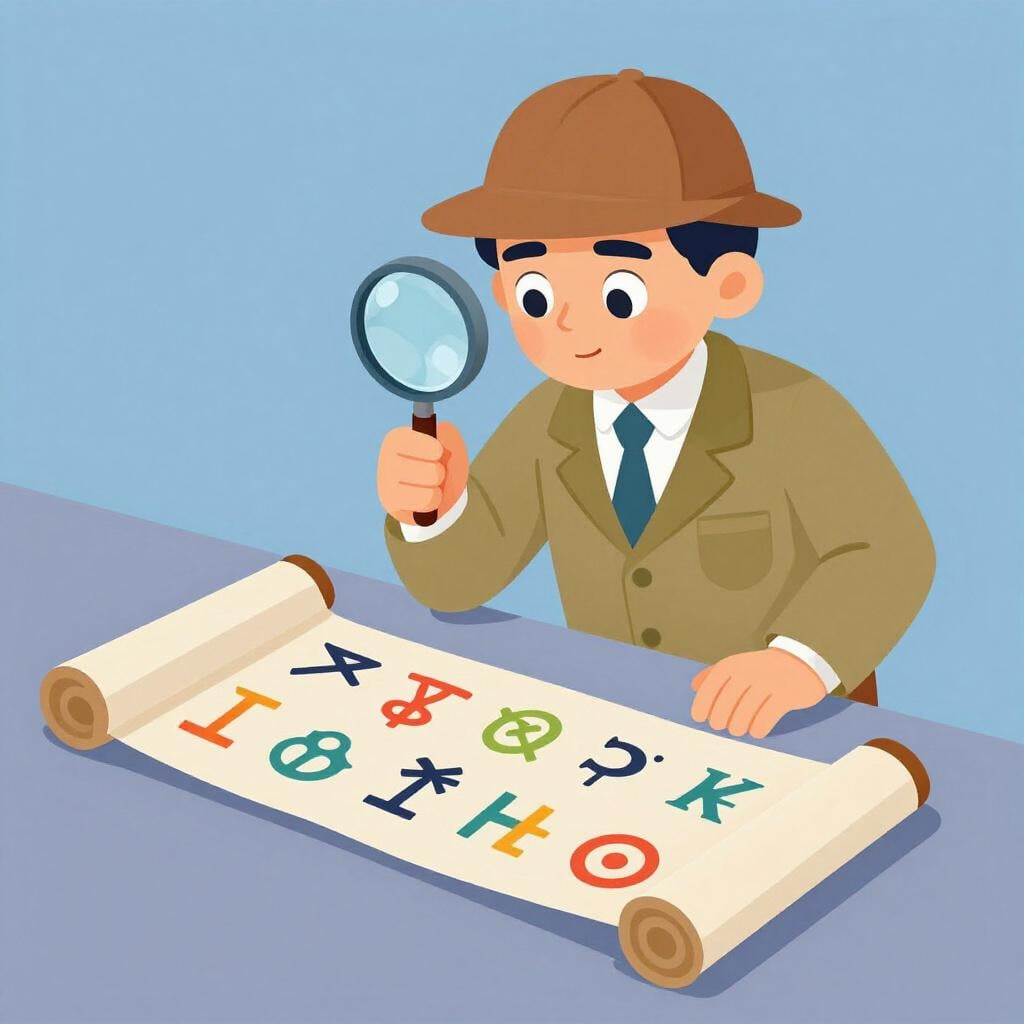 A detective looking at a mysterious scroll with symbols and a magnifying glass.